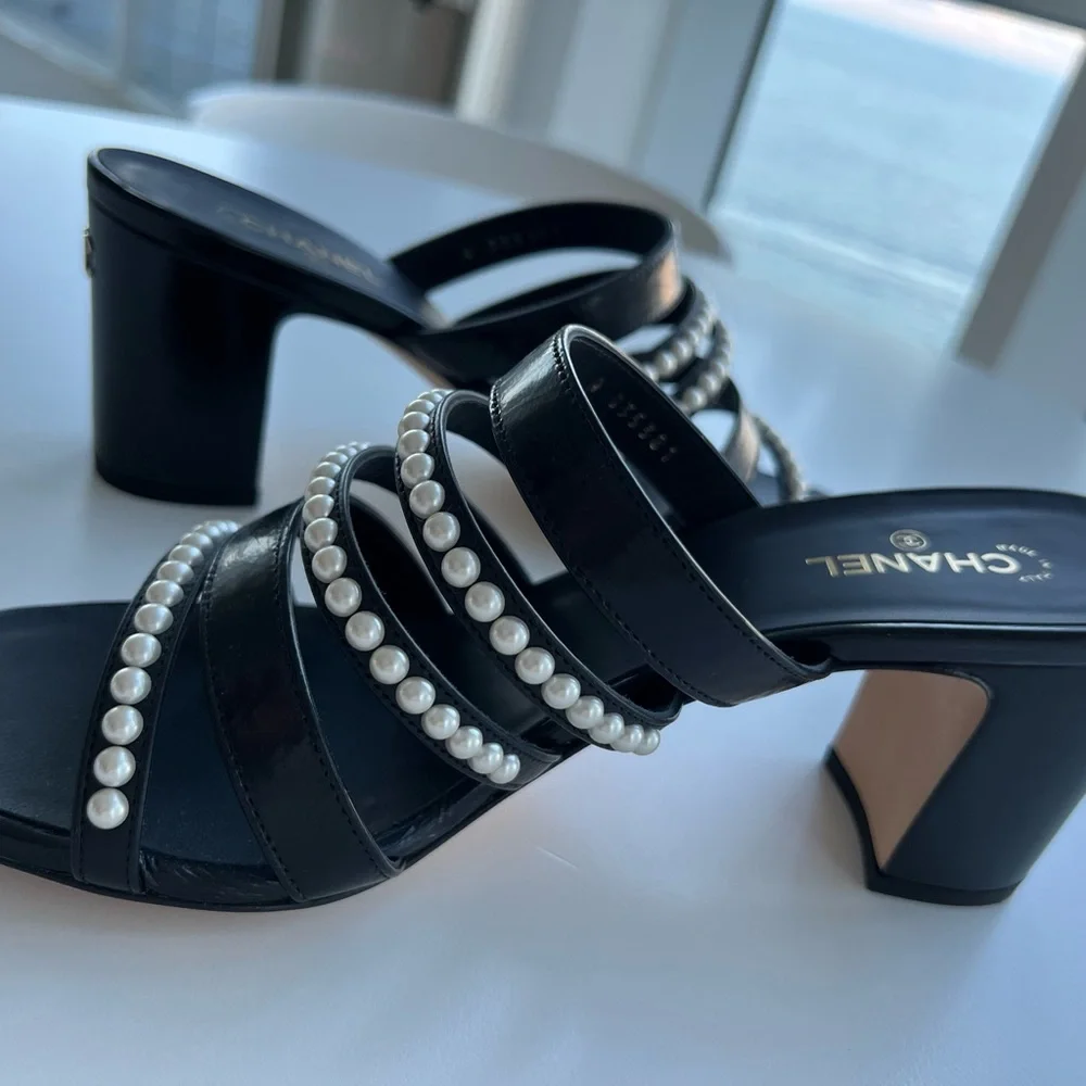 CHANEL Black Pearl-Embellished Strappy Block Heel Sandals
